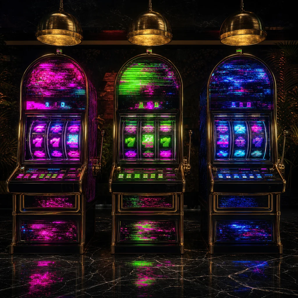 Neon slot machines glowing on Stake AE casino screen